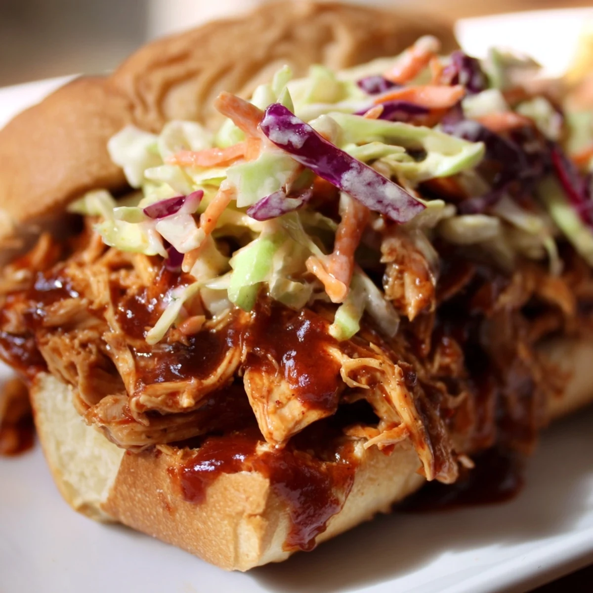 Hearty homemade pulled chicken sandwich with shredded barbecue chicken and creamy slaw on a buttery, toasted brioche bun, perfect for a family meal.