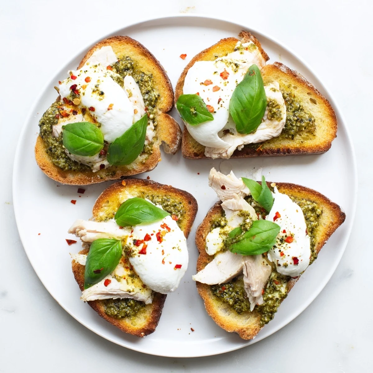 Golden, crusty sourdough toast topped with sliced pesto chicken and creamy burrata, garnished with fresh basil leaves for an Italian-inspired appetizer.