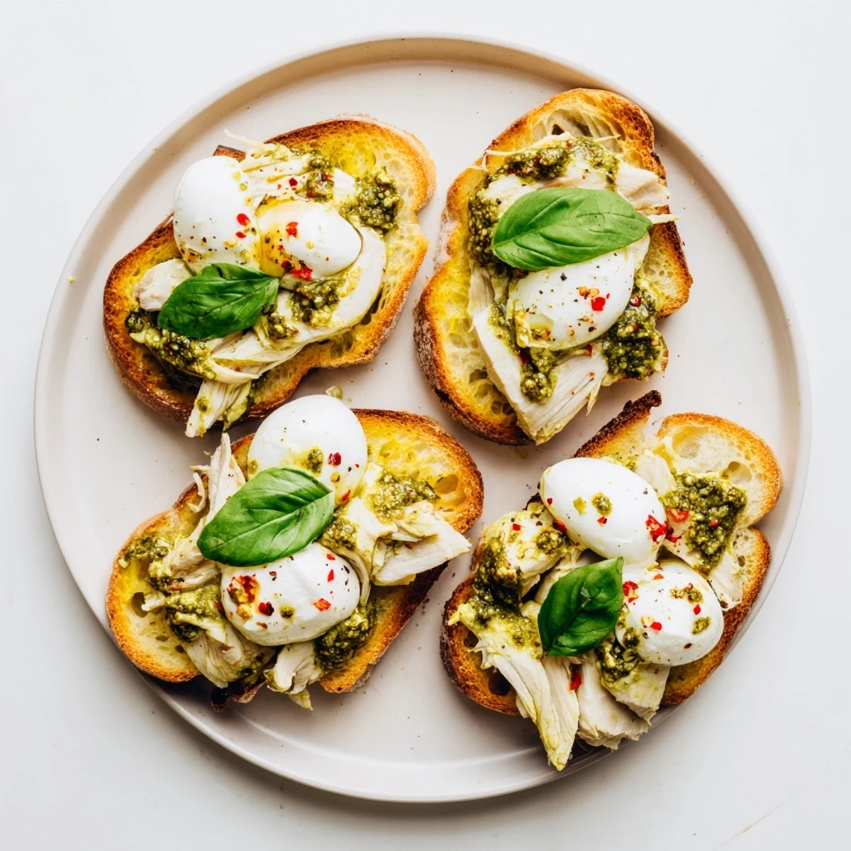 Savory Pesto Chicken Burrata Toast on toasted sourdough, drizzled with olive oil and red pepper flakes, perfect for a quick light meal.