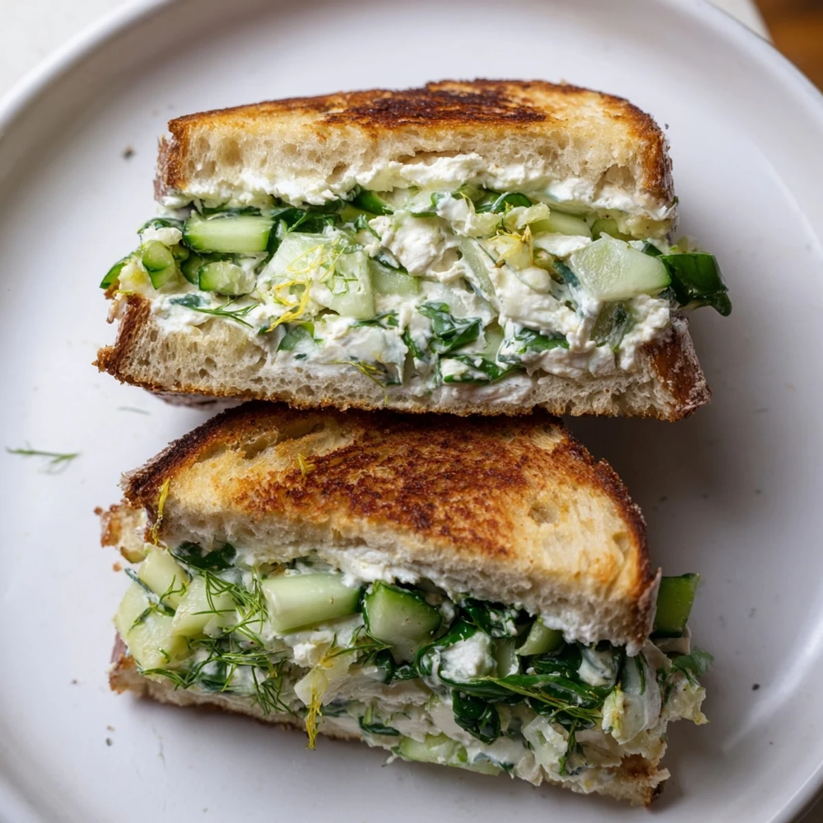 Golden-brown grilled cheese sandwiches sliced diagonally, showcasing the creamy whipped feta and cream cheese filling with fresh dill and lemon zest.