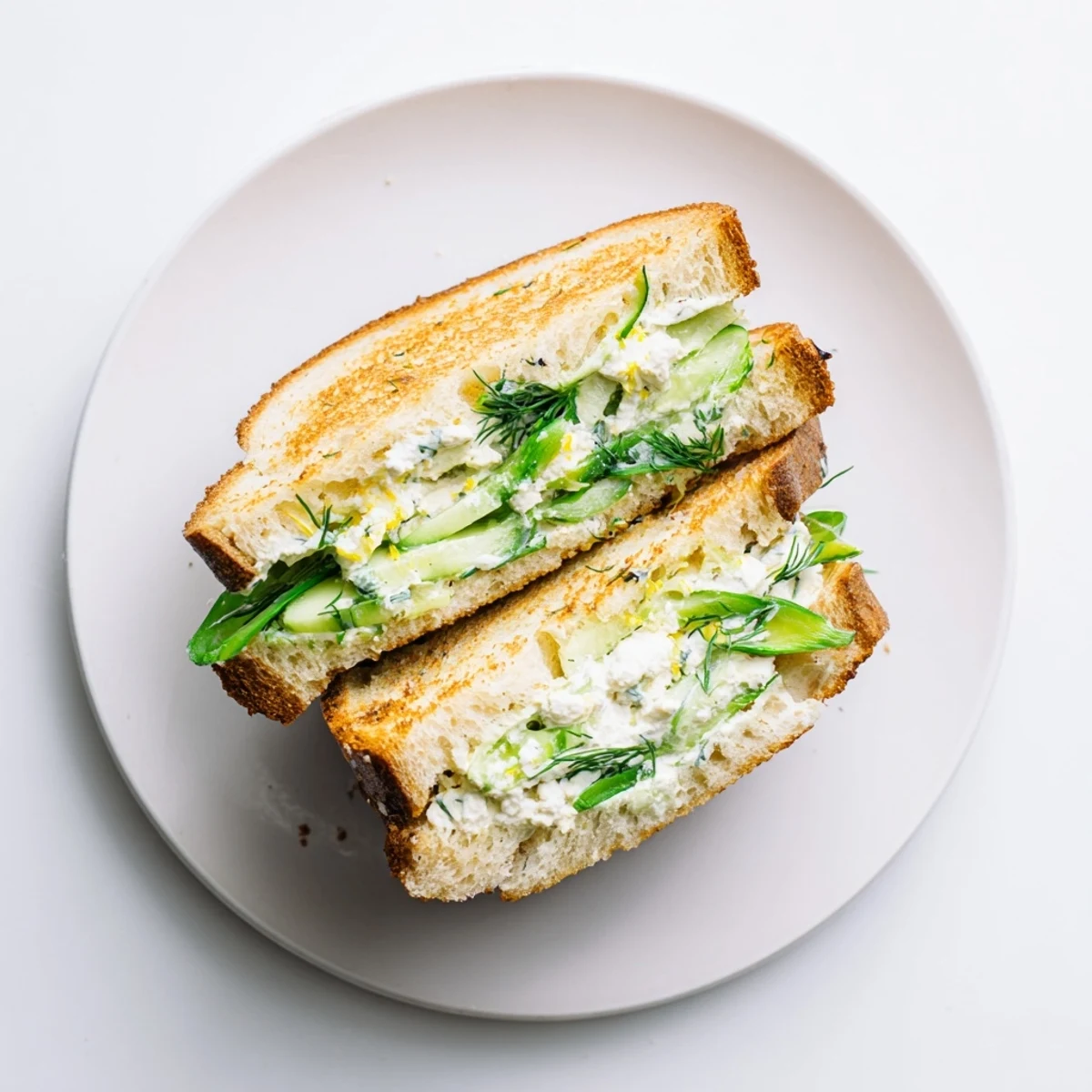A close-up of a warm, melty Whipped Feta Spring Grilled Cheese on a rustic plate, garnished with dill and lemon zest.