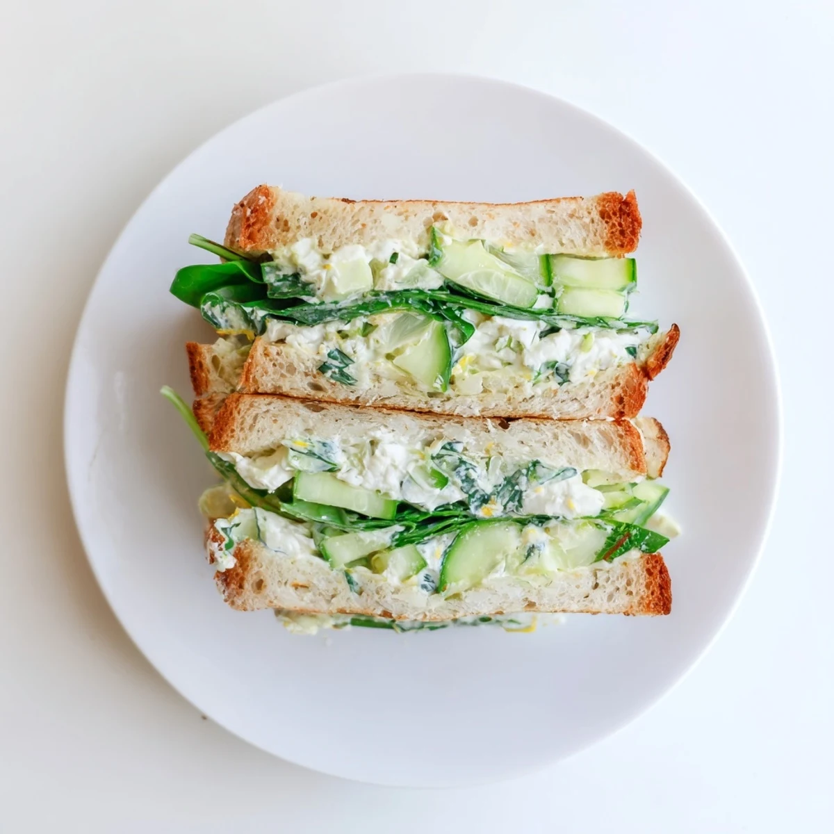 Crusty sourdough bread encases a vibrant, tangy whipped feta spring grilled cheese, layered with spinach and cucumber for a fresh bite.