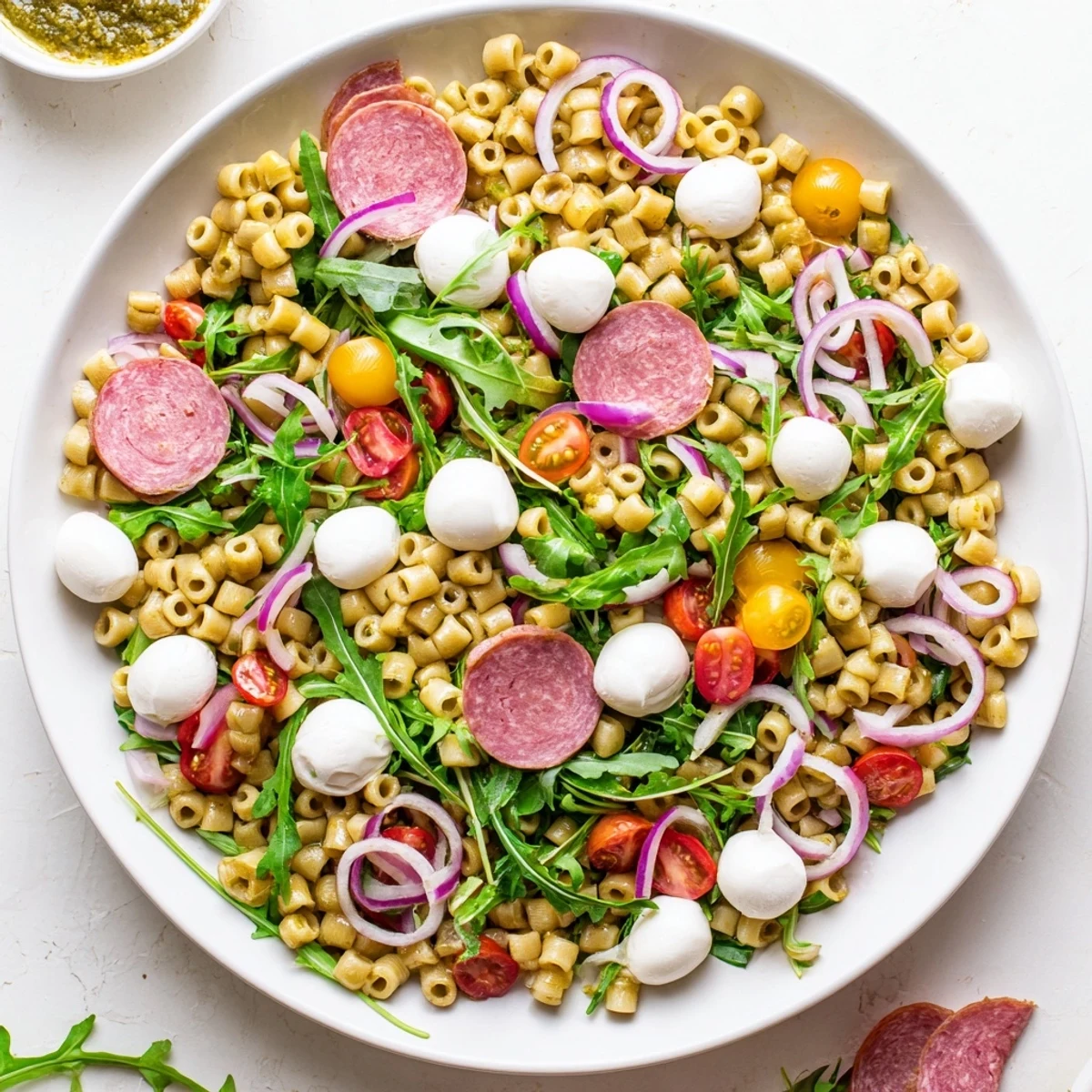 Spring Antipasto Pasta Salad featuring salami, pickled vegetables, and cherry tomatoes tossed in a zesty dressing.