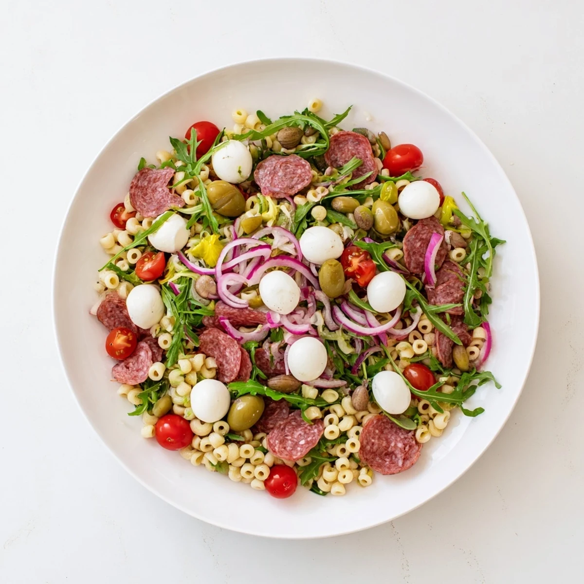 Spring Antipasto Pasta Salad served chilled for a spring gathering, mingling savory salami with tangy pickled crunch.