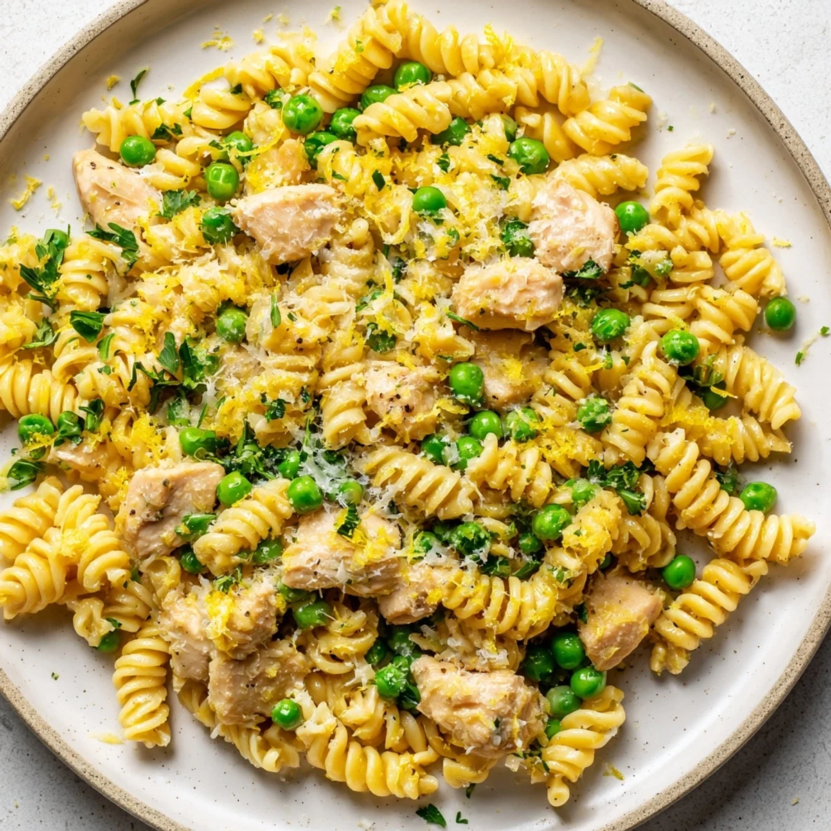 A close-up of Garlic Butter Chicken & Pea Pasta featuring golden chicken chunks, bright green peas, and curly fusilli coated in a glossy, melted butter sauce with visible garlic bits and fresh parsley.