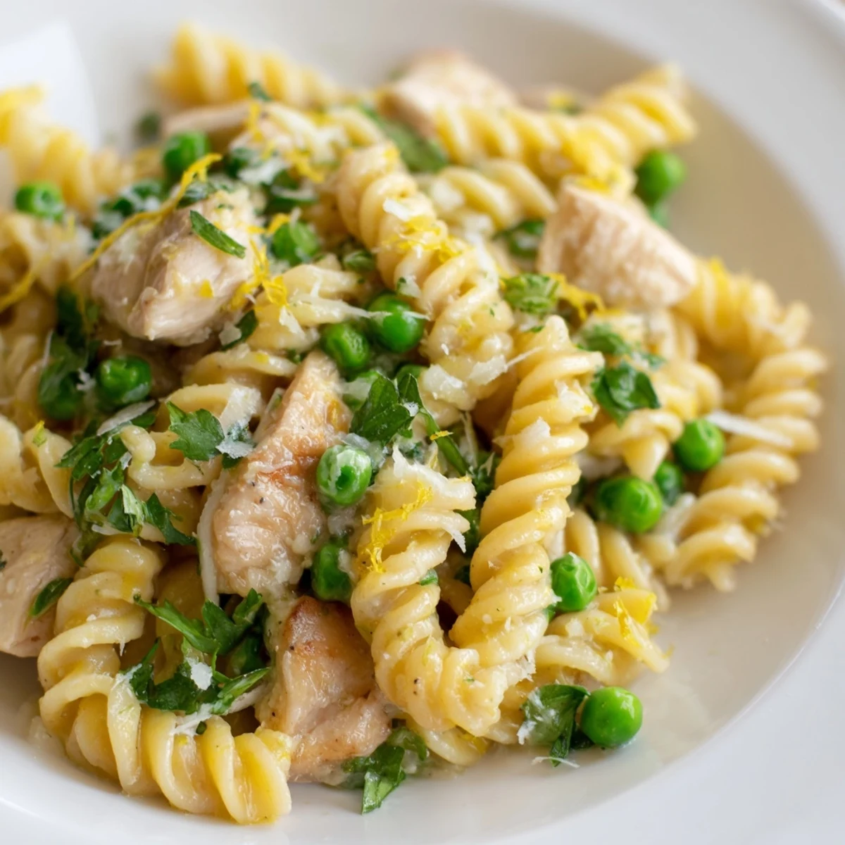 A serving of Garlic Butter Chicken & Pea Pasta plated in a white bowl, garnished with grated Parmesan and lemon zest, ready to be enjoyed with a glass of white wine.