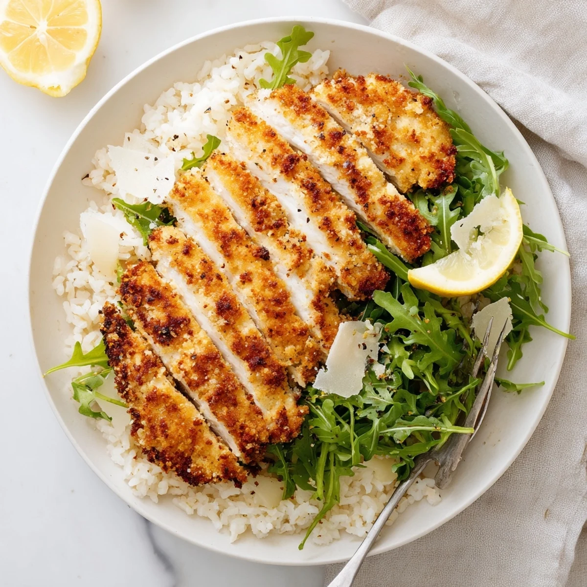 Golden, crispy Parmesan chicken cutlets rest on fluffy white rice and peppery arugula, ready for a bright lemon squeeze.