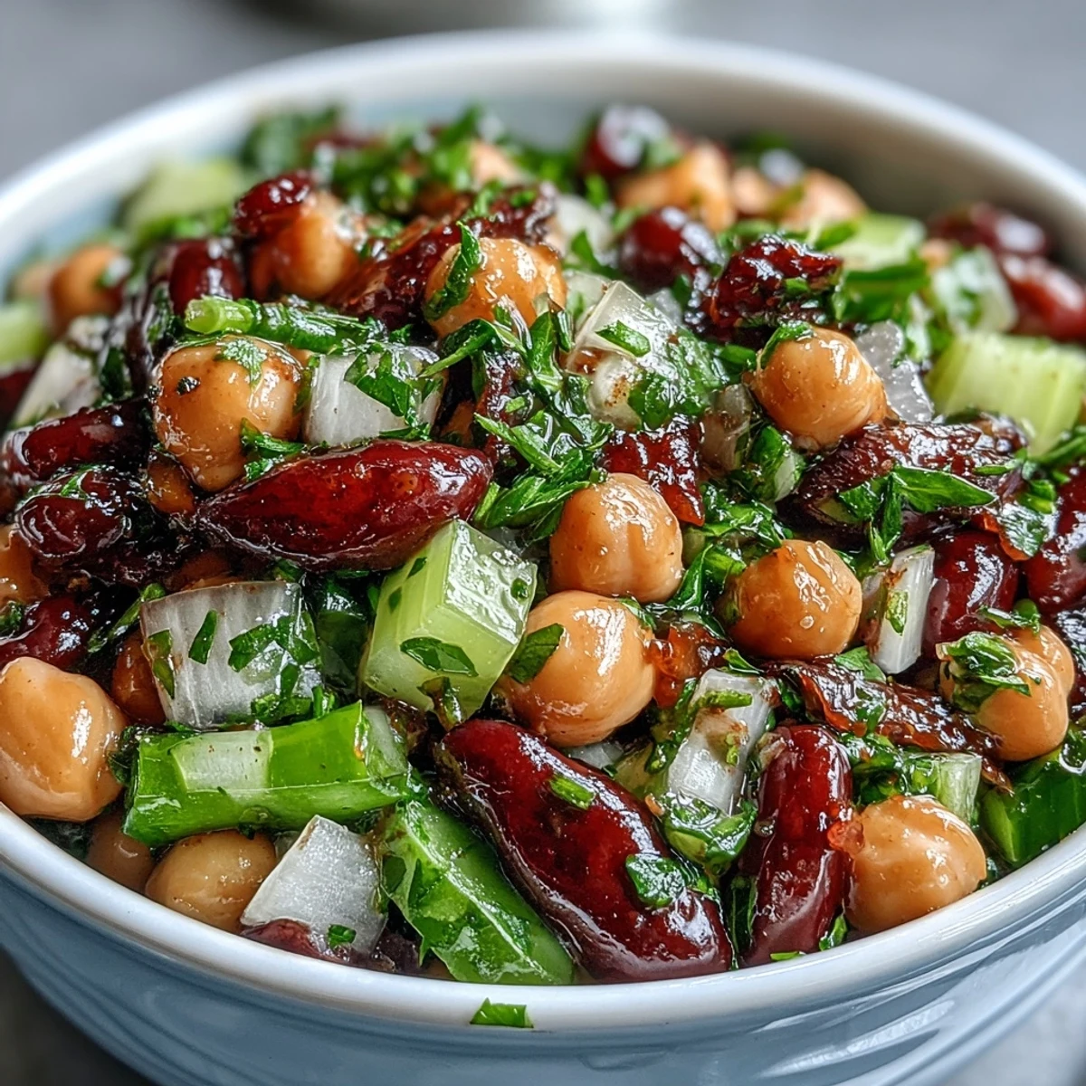 A vibrant bowl of Three-Bean Salad, featuring green beans, kidney beans, and chickpeas in a tangy apple cider vinaigrette with fresh parsley and crisp celery.
