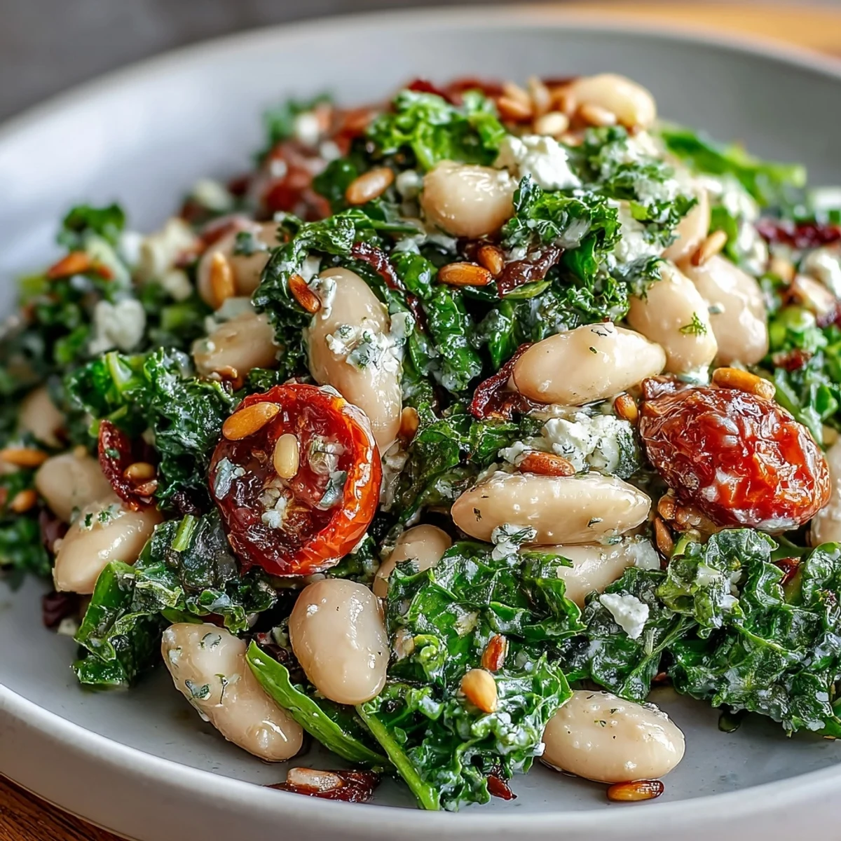 Creamy white beans and massaged kale in a vibrant White Bean and Kale Salad, tossed with cherry tomatoes and a lemony dressing.