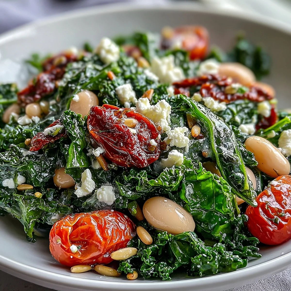 A bowl of White Bean and Kale Salad with kale, white beans, tomatoes, and toasted seeds, ready for a light lunch.
