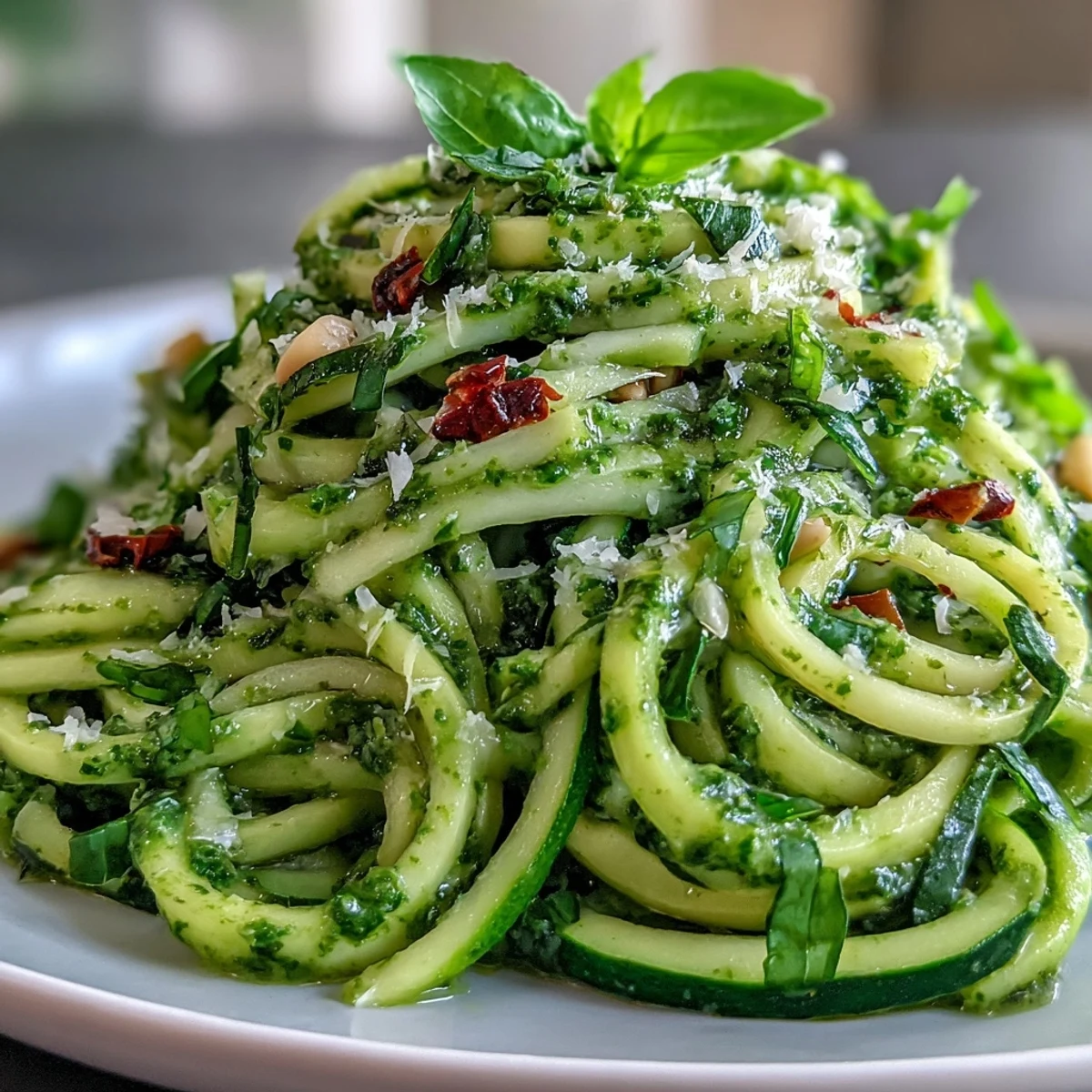 Bright green zucchini noodles glisten with homemade basil pesto and garnishes in a rustic white bowl.