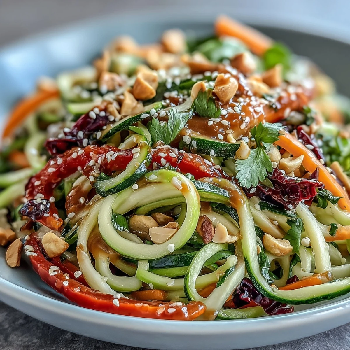 A vibrant Raw Vegetable Noodle Salad in a white bowl, spiralized zucchini and carrots tossed with sesame seeds.