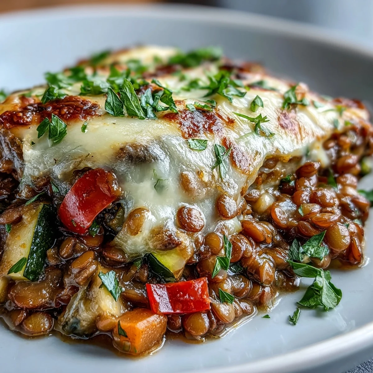 Freshly baked Green Lentil and Vegetable Casserole with golden, bubbly cheese topping from the oven.