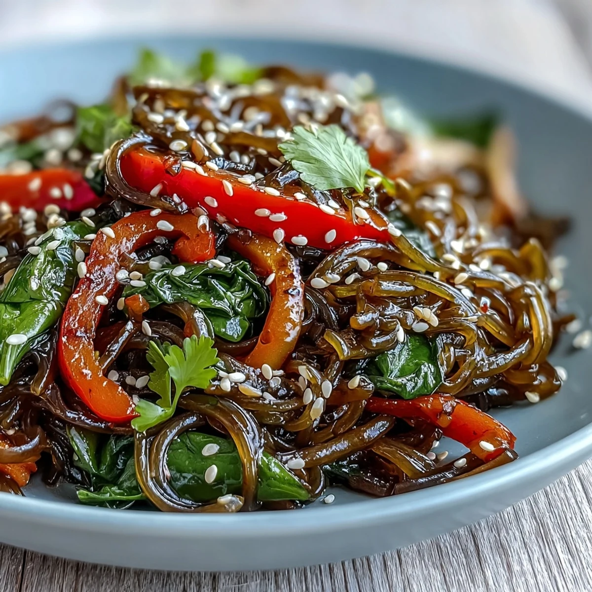 Stir-fried kelp noodles tossed with crisp vegetables and a zesty ginger sauce in a hot wok.