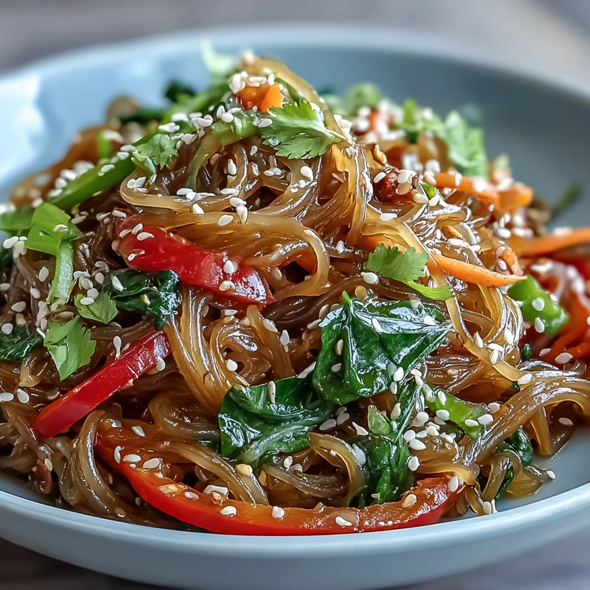 Quick kelp noodle stir-fry in a skillet, blending crunchy snap peas, carrots, and spinach in a savory sauce.