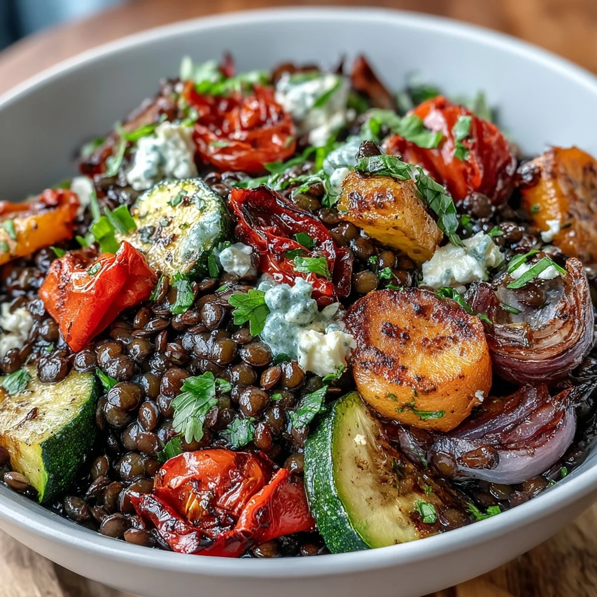 Steaming Black Lentil Salad with Roasted Vegetables, featuring caramelized bell peppers and zucchini ready for a hearty Mediterranean lunch.