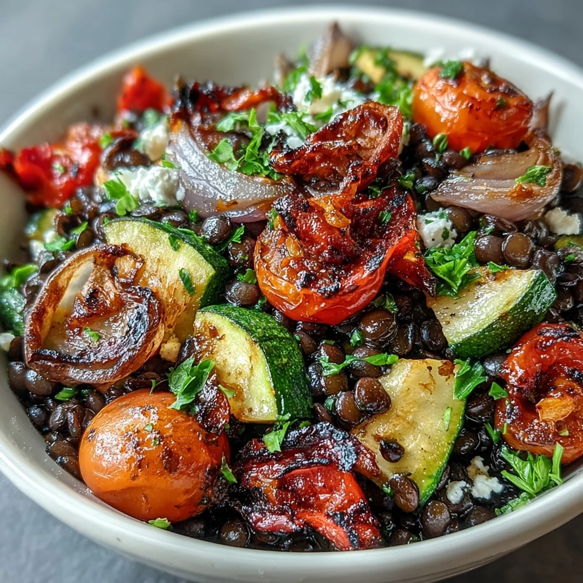Overhead view of a Black Lentil Salad with Roasted Vegetables served in a rustic bowl with crumbled feta and vibrant cherry tomatoes.  