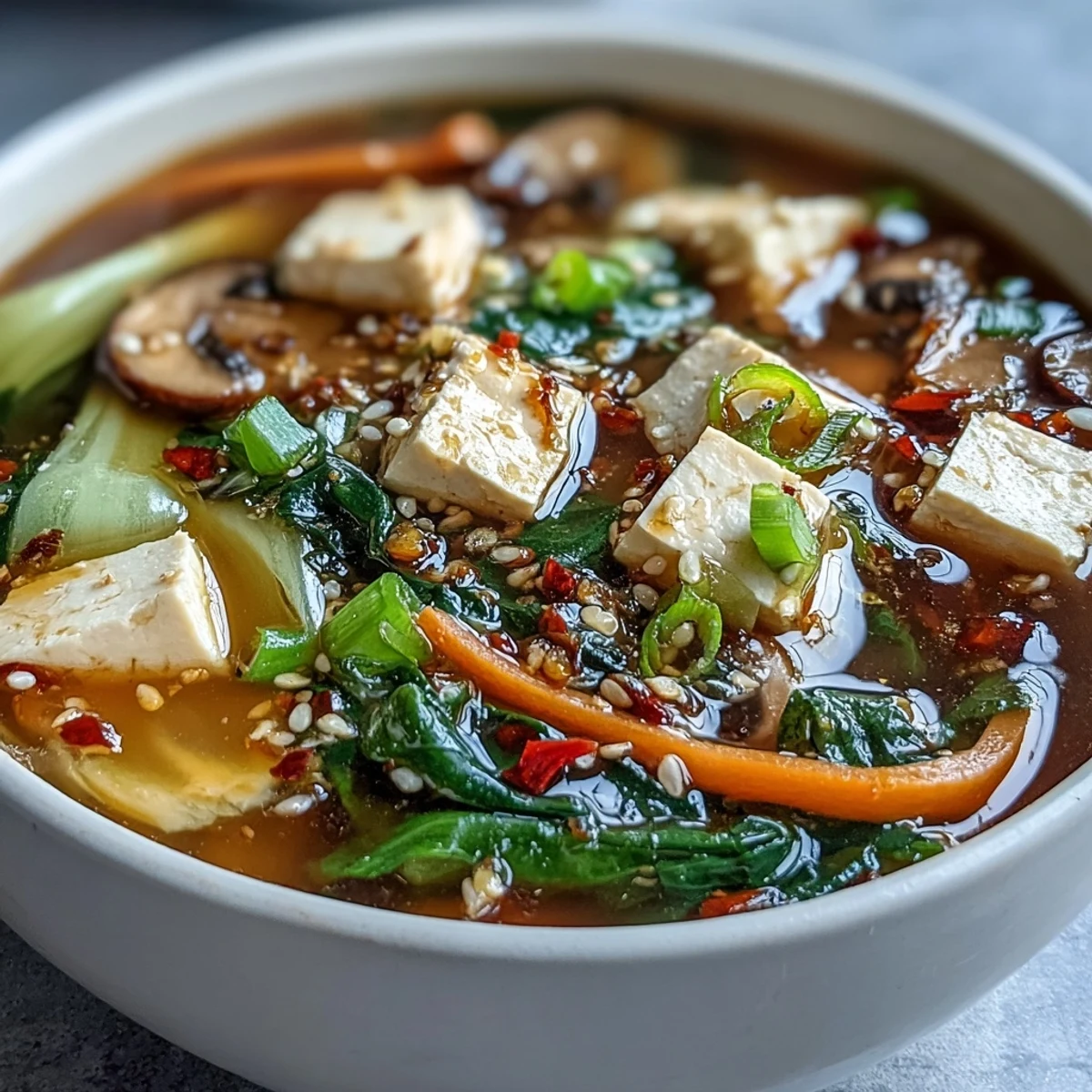 Steaming Tofu and Vegetable Soup with silken tofu, crisp bok choy, and shiitake mushrooms in a clear broth.