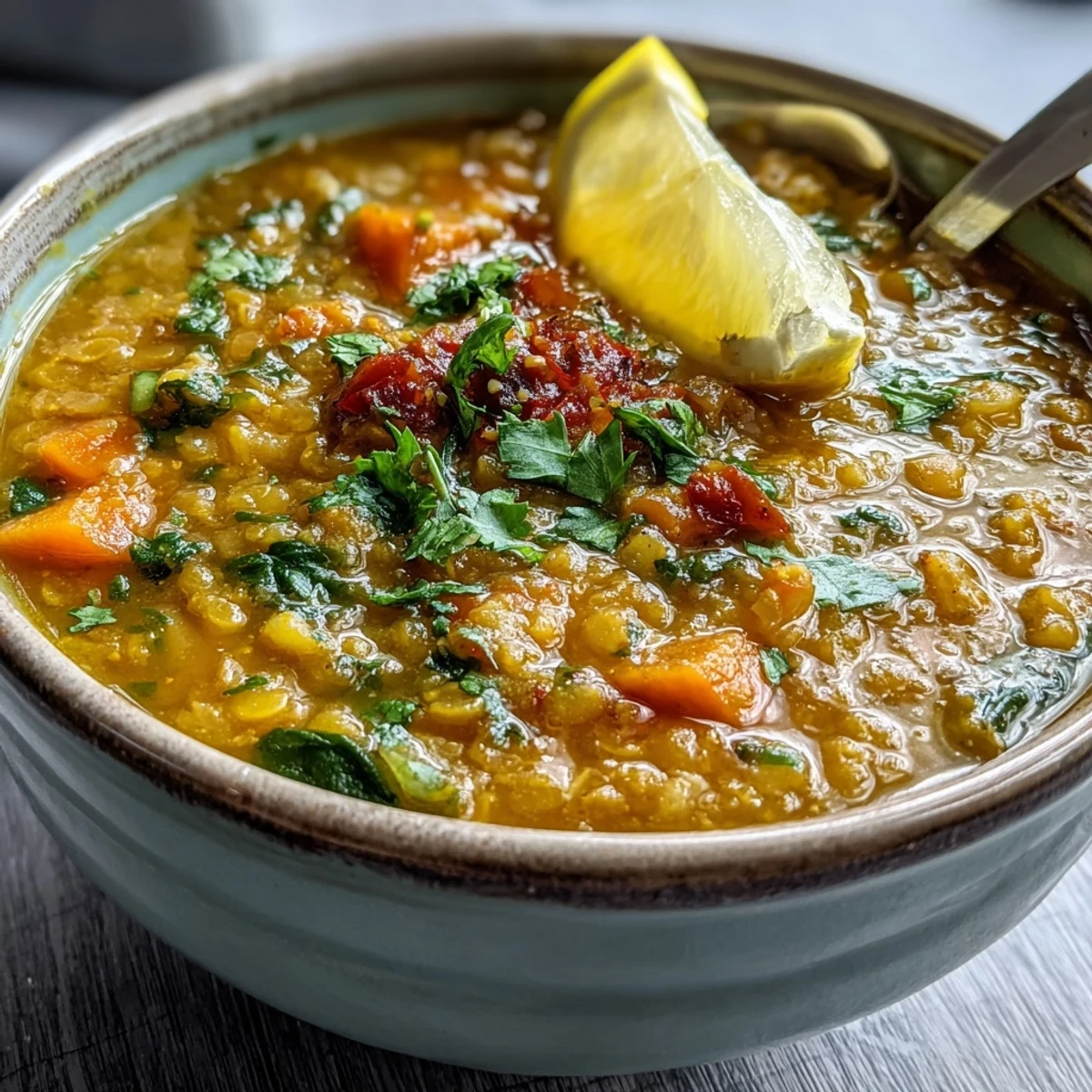 A steaming bowl of homemade mung bean soup, garnished with fresh cilantro and a lemon wedge for a nourishing vegan meal.  