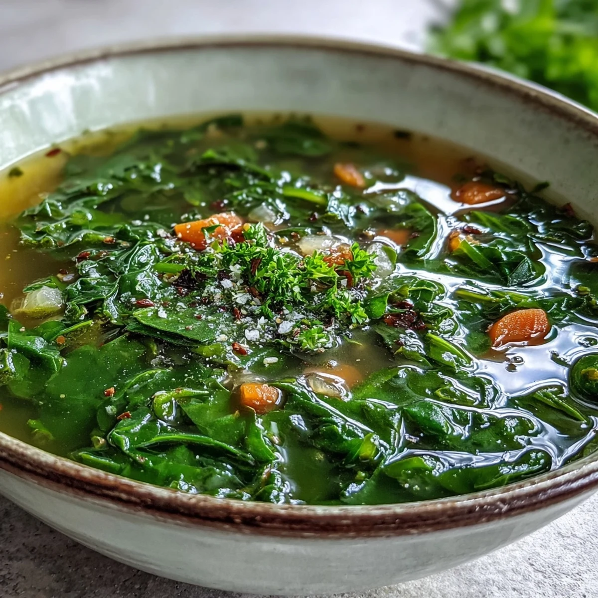 A close-up of steaming Swiss Chard Soup in a rustic bowl, garnished with fresh parsley and a lemon wedge.  