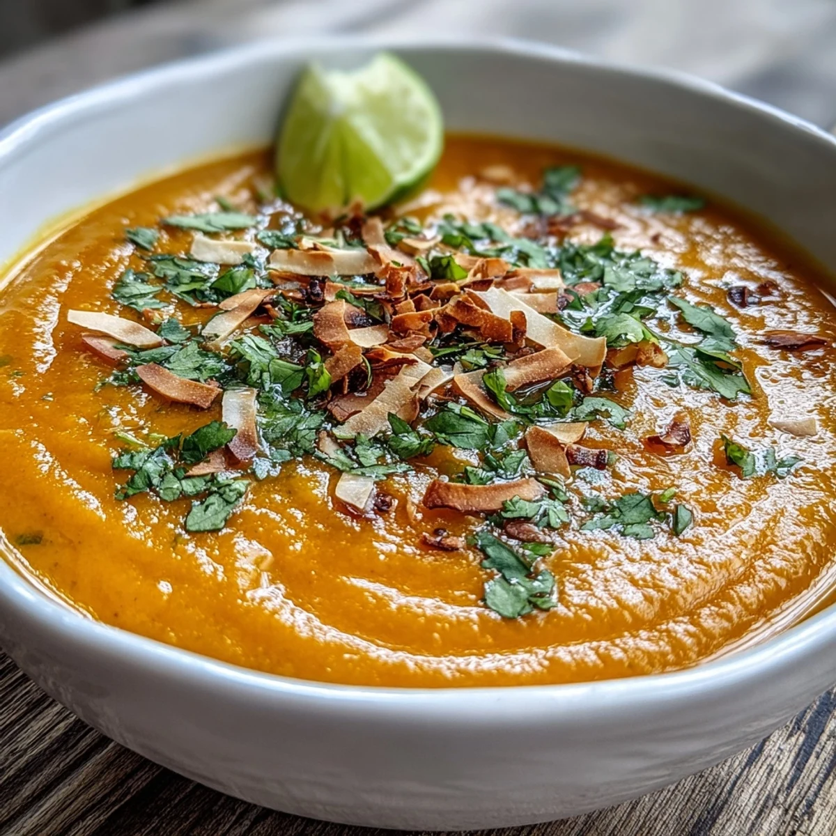 A bowl of creamy Carrot and Coconut Soup garnished with fresh cilantro and toasted coconut flakes, served warm.