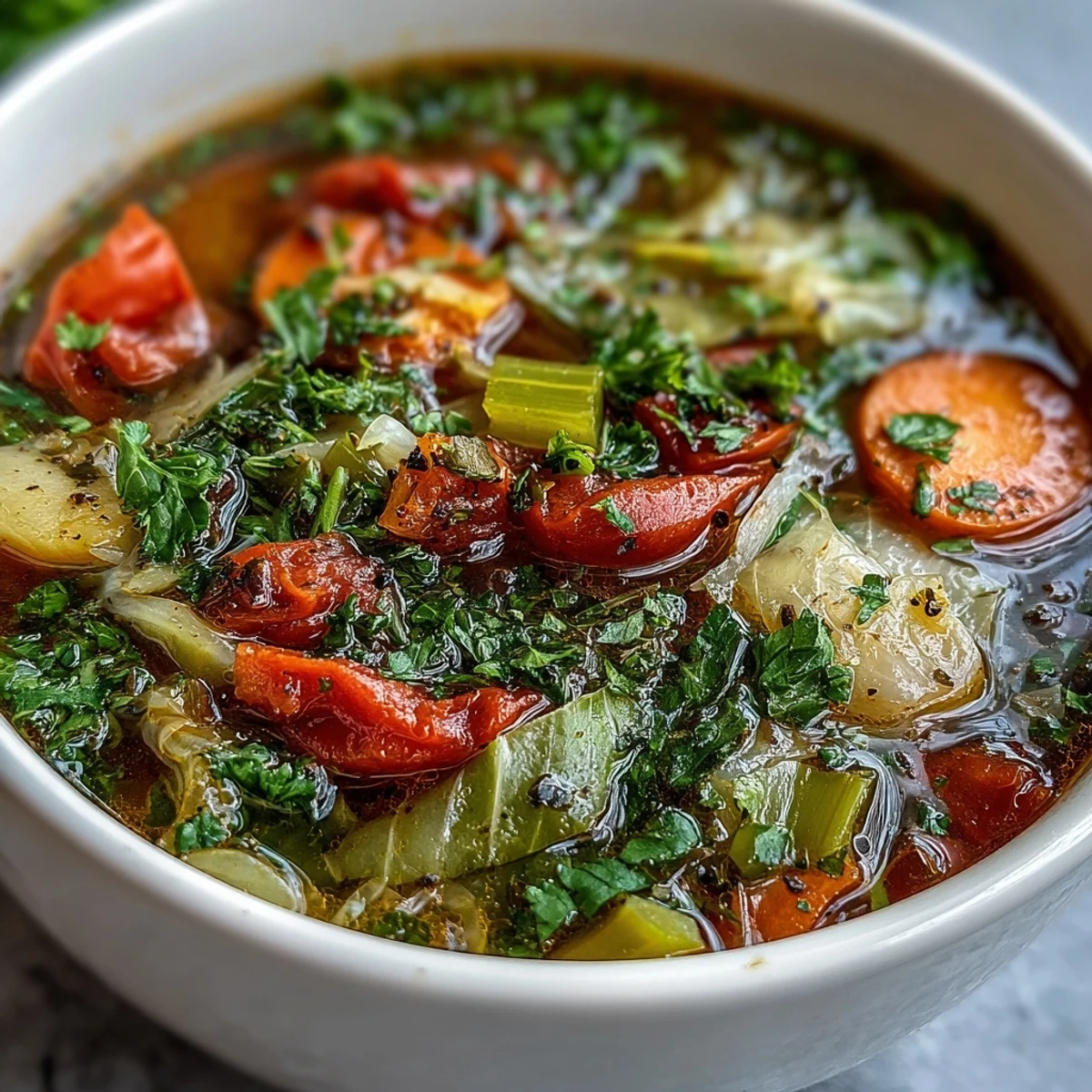 Homemade Cabbage Soup simmering in a large pot, packed with tender carrots, celery, and fresh parsley garnish.
