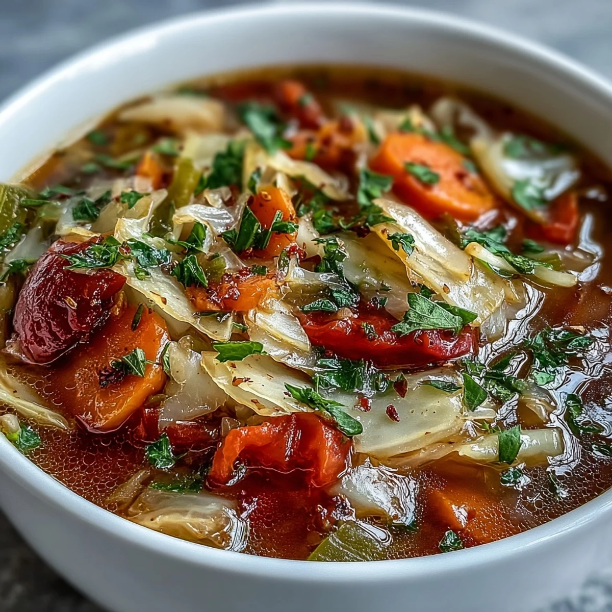 Chopped green cabbage and diced red bell peppers ready for a quick, low-calorie Cabbage Soup meal prep.