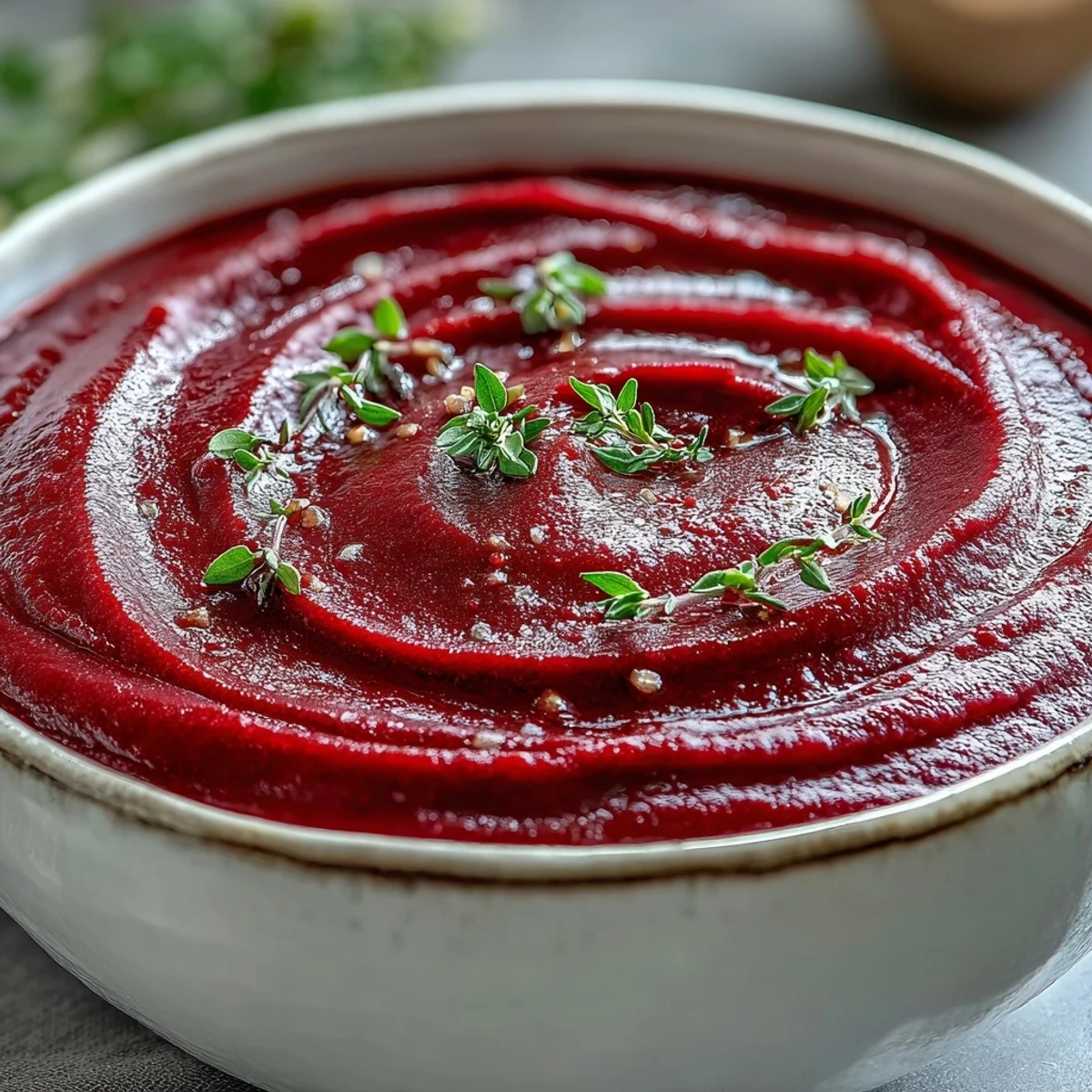 A close-up of a vibrant red roasted beet soup in a white bowl, garnished with a swirl of cream and fresh thyme.