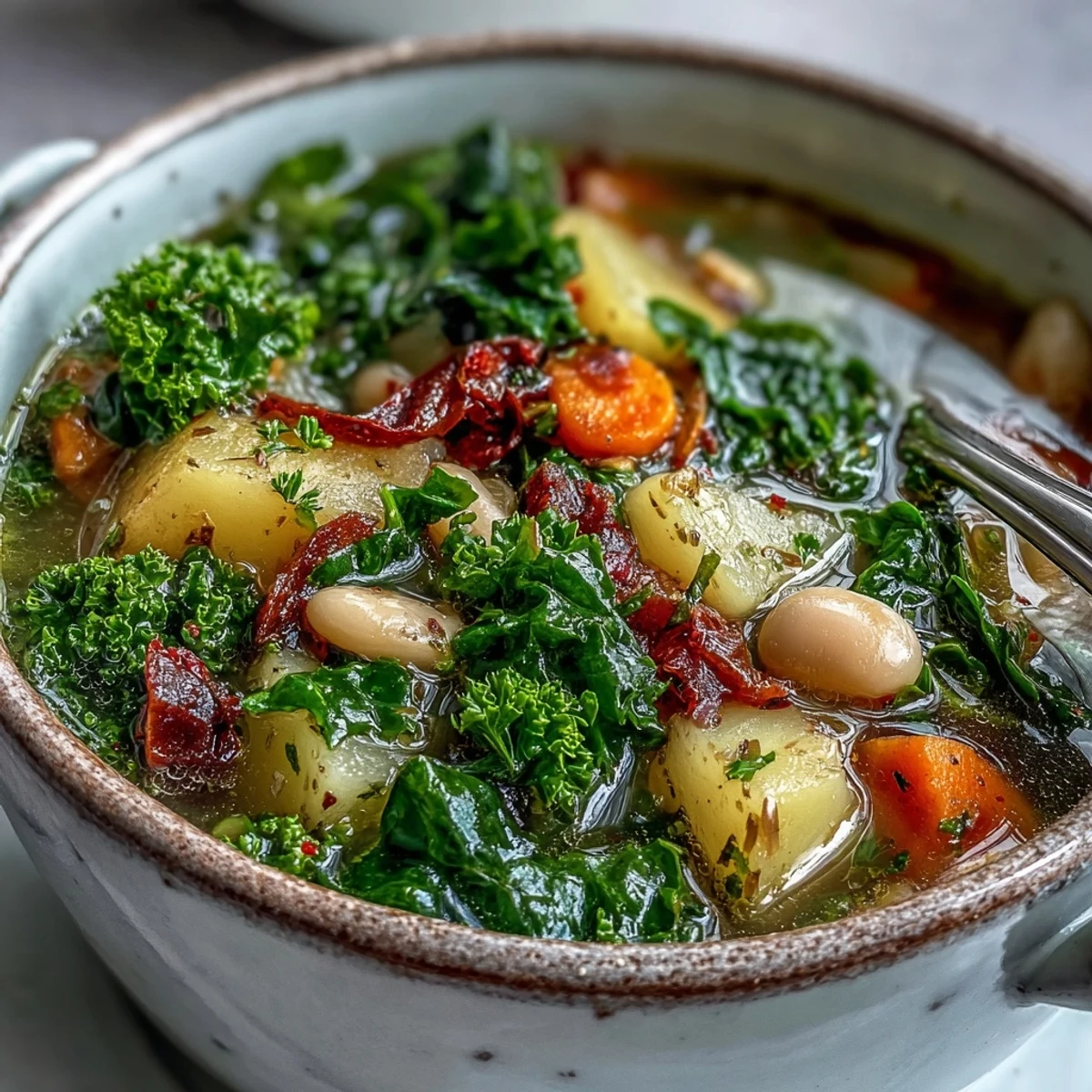 Vibrant green Kale Soup in a ceramic bowl, highlighting kale, diced potatoes, and carrots in a savory broth.