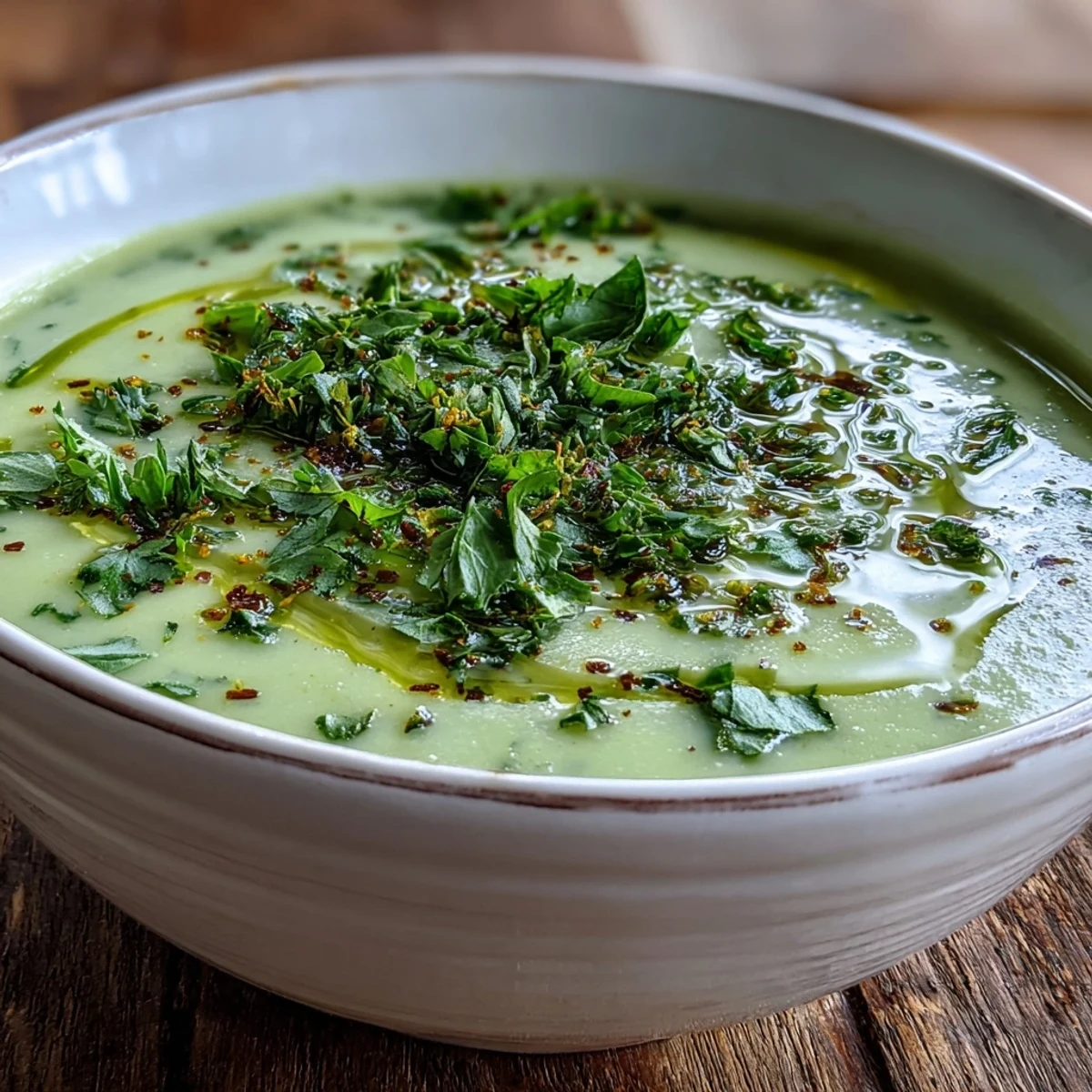 A bowl of creamy Zucchini Soup garnished with fresh parsley and a swirl of olive oil.