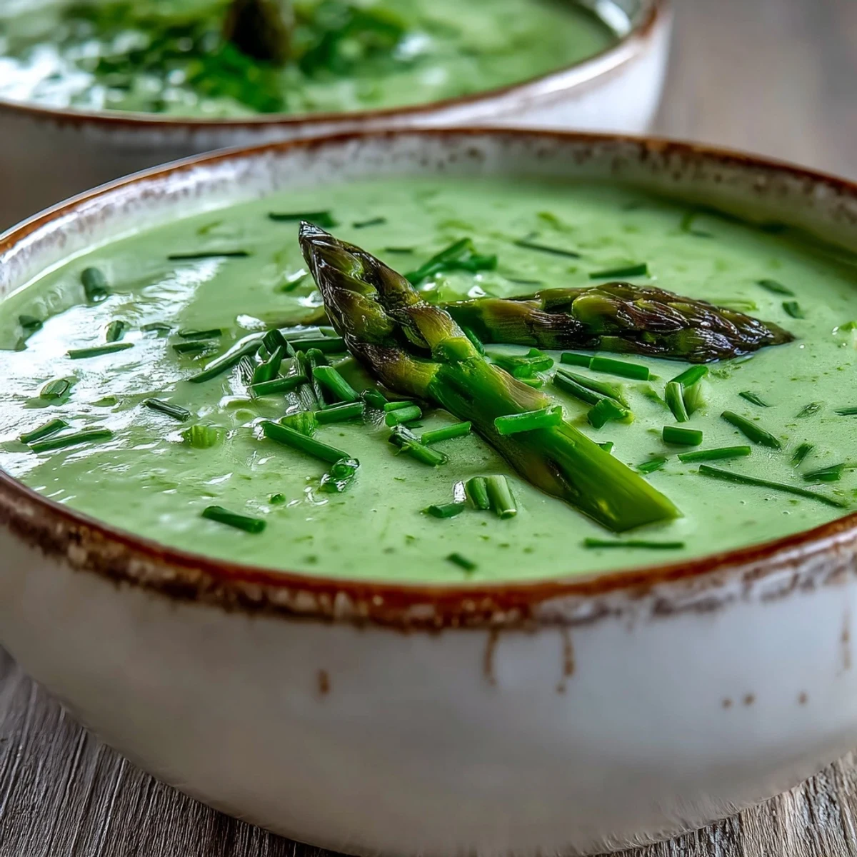 Creamy asparagus soup with tender stalks and blanched tips, garnished with fresh chives in a rustic white bowl.  