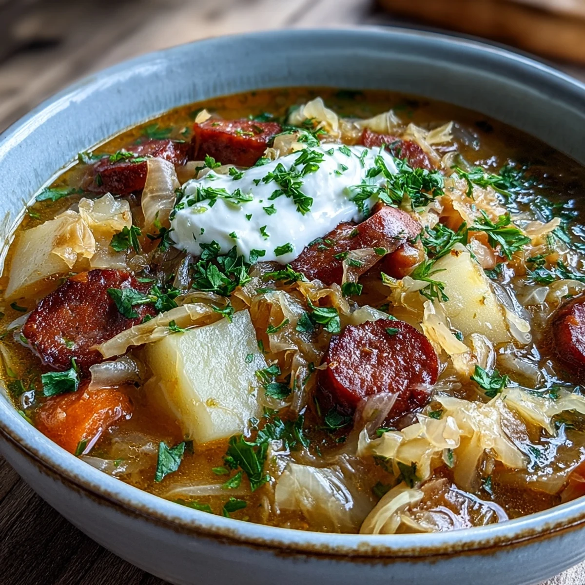 A steaming bowl of homemade Sauerkraut Soup garnished with fresh parsley and a dollop of sour cream.  