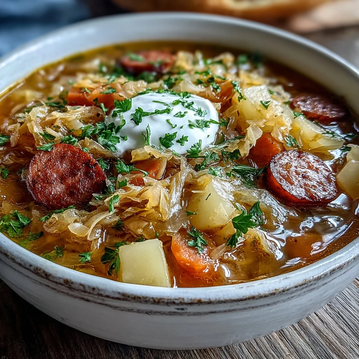 Hearty Sauerkraut Soup served in a rustic bowl with smoky sausage and tender vegetables.  