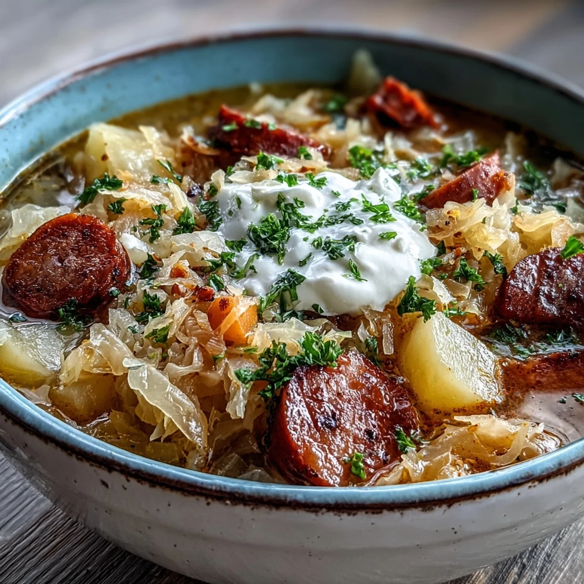 Warm Sauerkraut Soup simmered with caraway seeds, ready to enjoy with crusty bread.