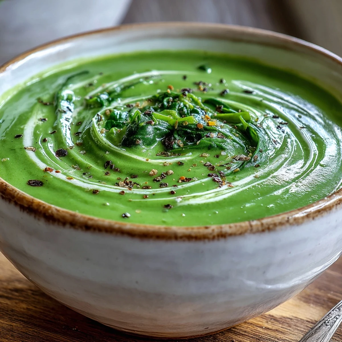 Creamy Spinach Soup served warm in a white bowl, garnished with a swirl of cream and black pepper for a comforting lunch.