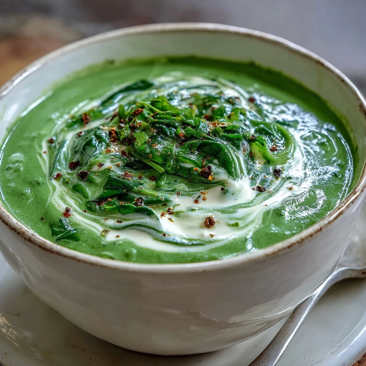 Easy homemade Spinach Soup ladle-ready, steaming gently with visible spinach flecks, perfect for a light vegetarian dinner or appetizer.