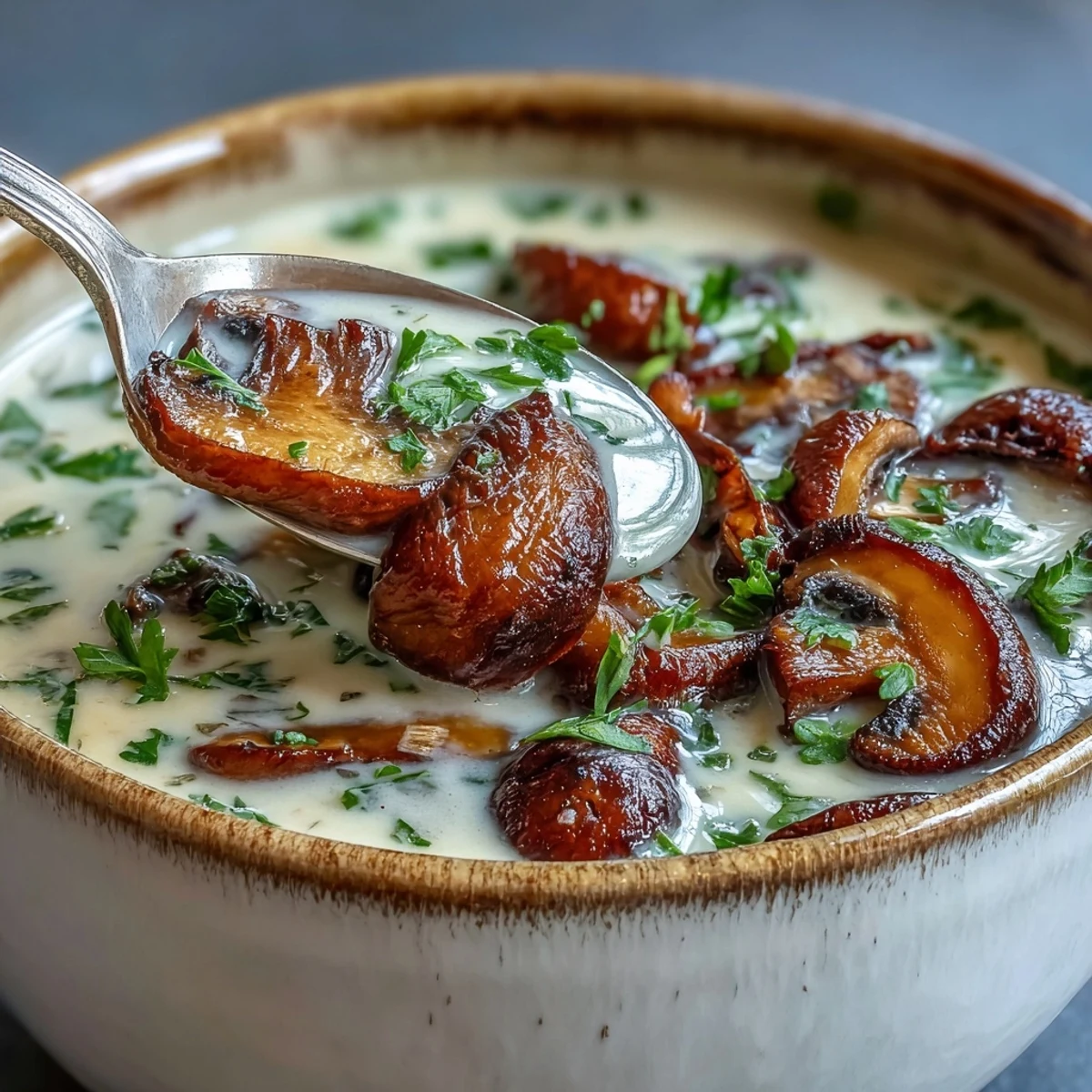 Steaming bowl of homemade mushroom soup garnished with fresh parsley, served with crusty bread on the side.  