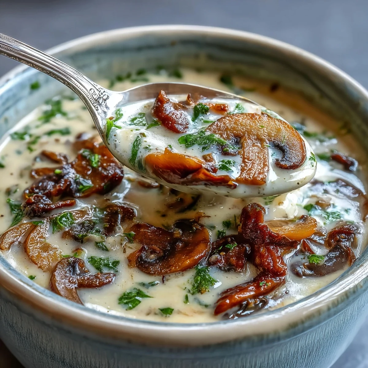 Rich, creamy mushroom soup in a rustic bowl, ready to enjoy on a chilly evening.