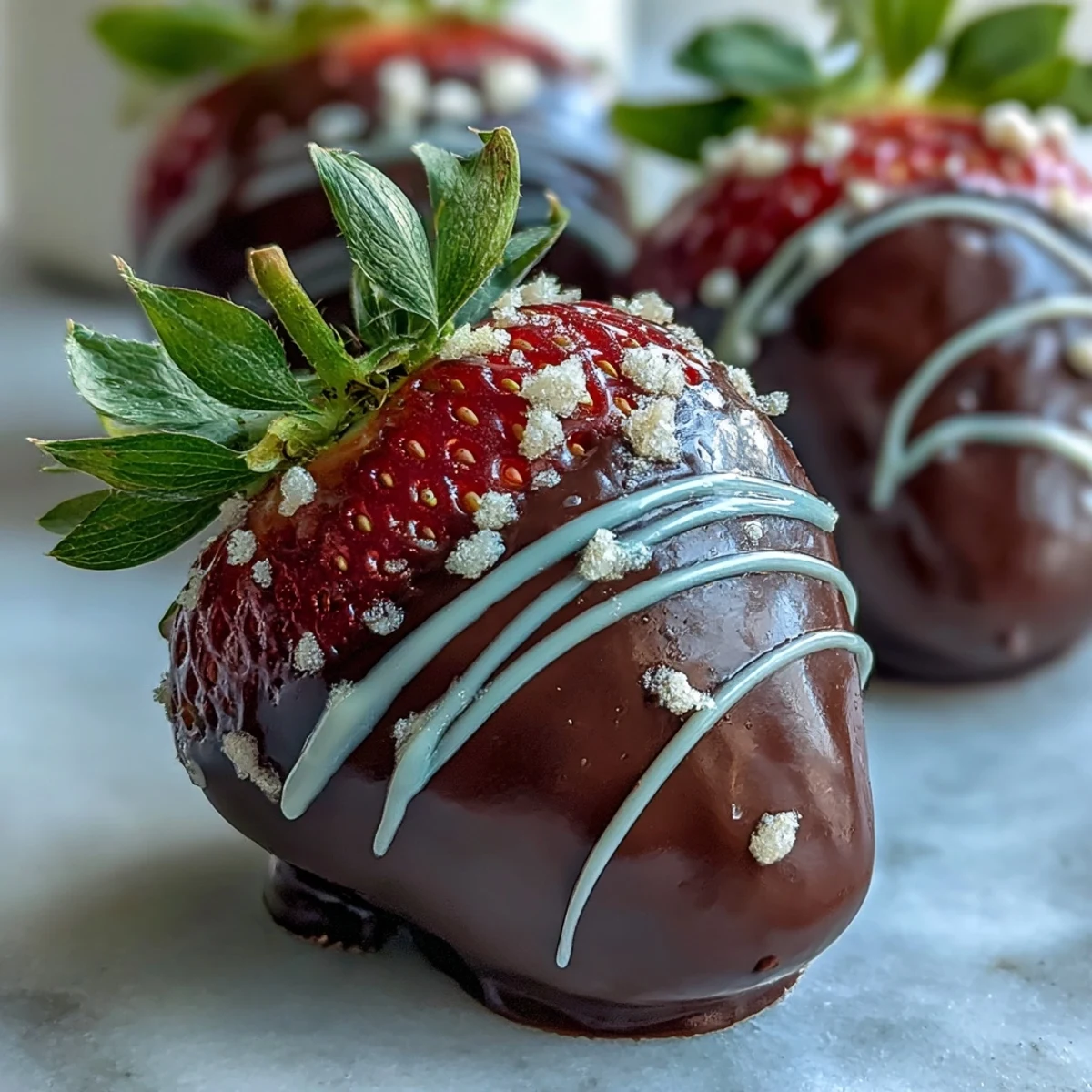 Freshly dipped chocolate-covered strawberries on a tray, with glossy dark chocolate and green stems, perfect for romantic date nights.