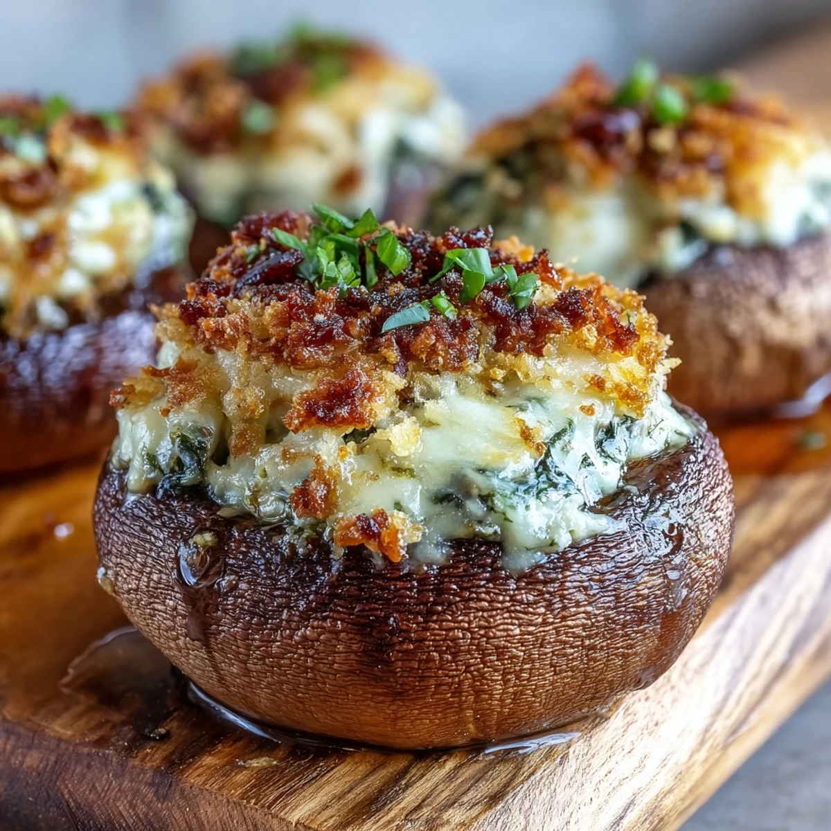 Close-up of Stuffed Asiago-Basil Mushrooms with golden breadcrumbs and basil, perfect for an Italian-inspired party snack.
