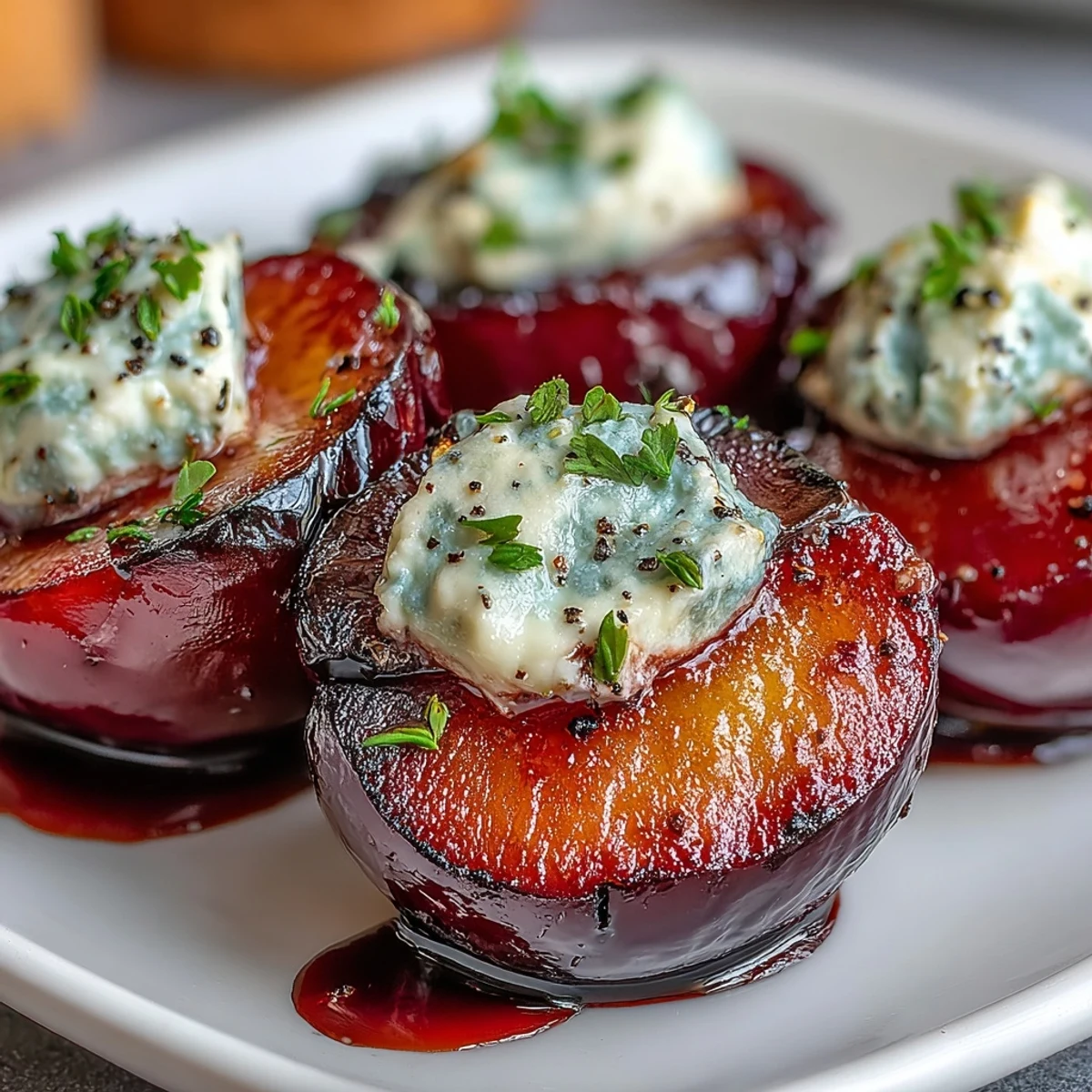 Summer appetizer featuring warm grilled plums, tangy balsamic glaze, and rich goat cheese dollops.