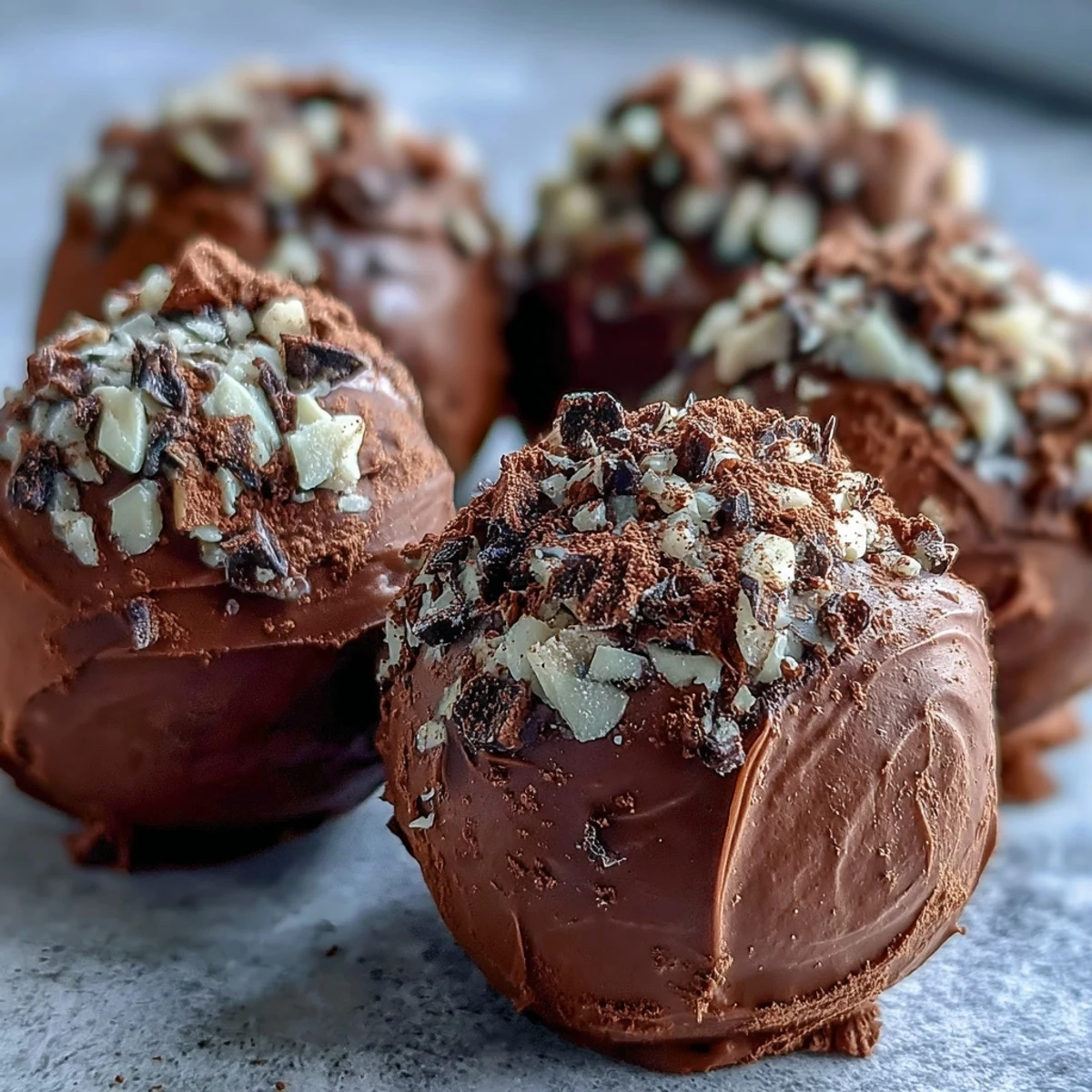 Homemade chocolate truffles rolled in cocoa powder, showcasing a rich, velvety texture and an indulgent dark chocolate flavor.