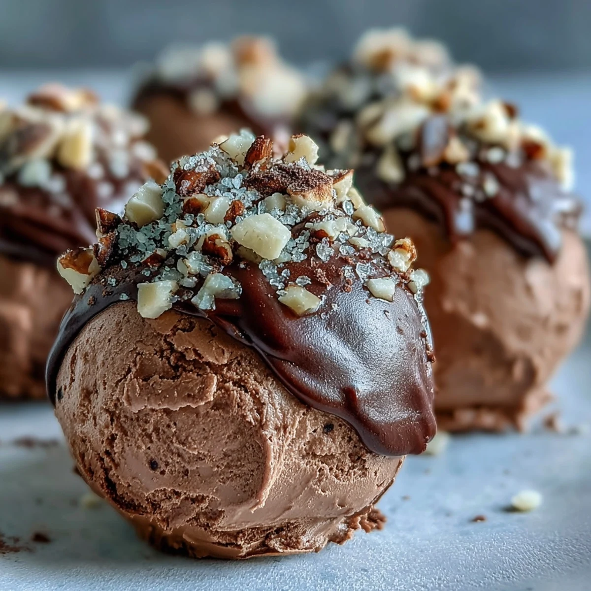 Decadent chocolate truffles coated in chopped nuts, resting on a marble surface, offering a gluten-free dessert bite.