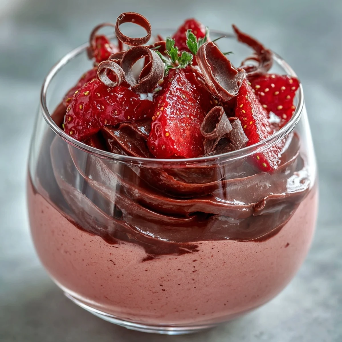 Close-up of Chocolate-Covered Strawberry Mousse, showing silky chocolate and a mint garnish, served chilled in elegant dessert glasses.