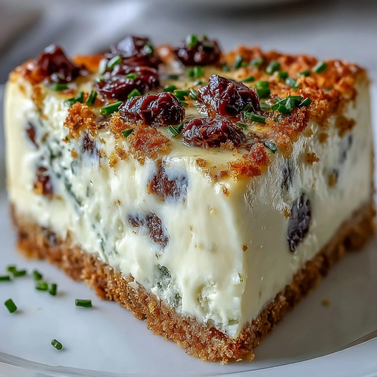 Freshly baked Kalamata Cheesecake Appetizer with a golden breadcrumb crust, topped with sliced olives and parsley.  