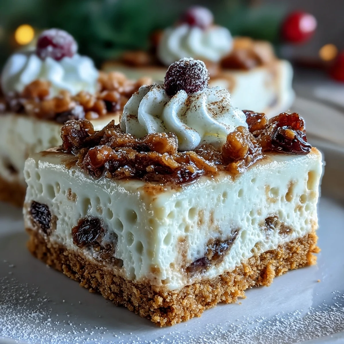Squares of Christmas Cheesecake Slab being sliced to reveal the crunchy base and creamy dried fruit filling on a marble counter.