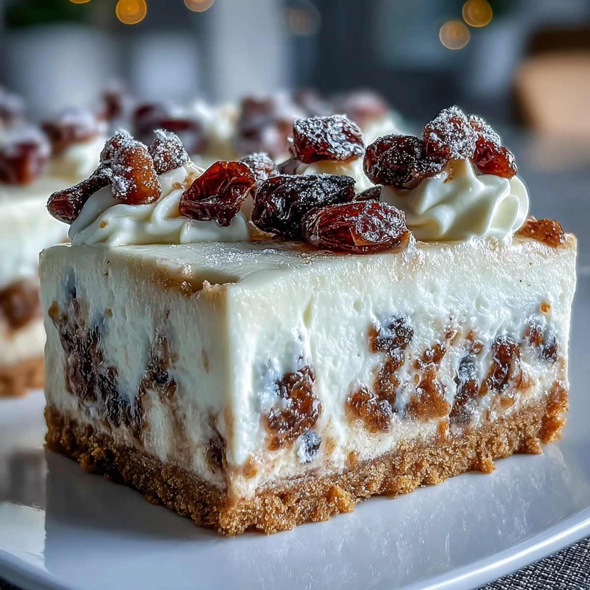 A plated slice of Christmas Cheesecake Slab topped with whipped cream, dried fruits, and powdered sugar near festive lights.
