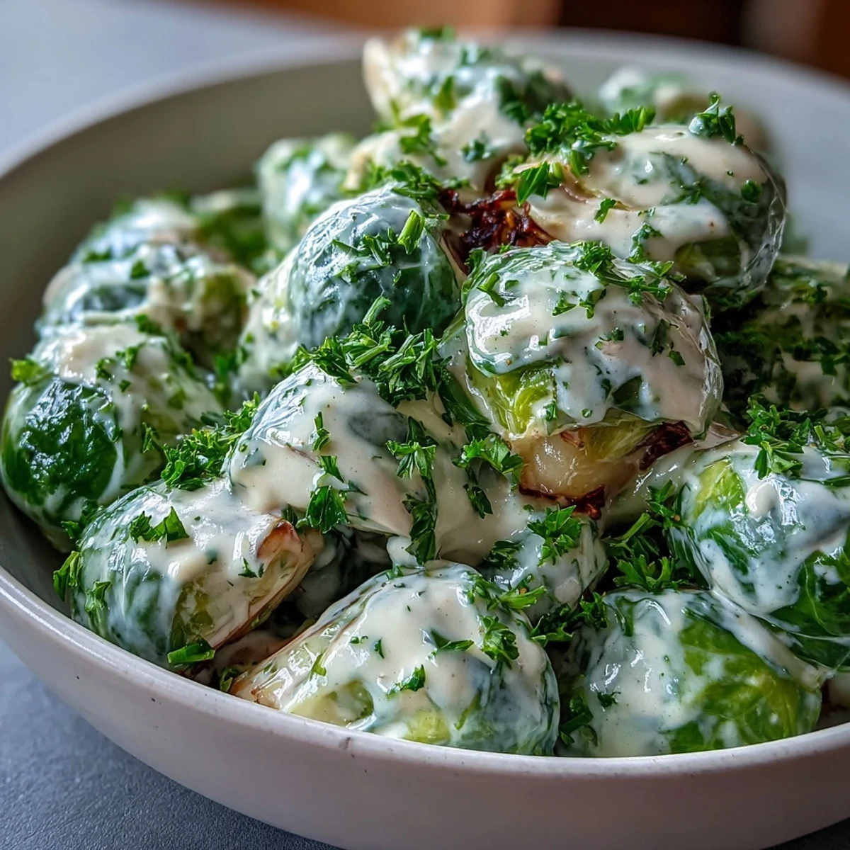 Roasted Brussels sprouts nestled in a creamy Dijon mustard sauce, garnished with fresh parsley and served warm.