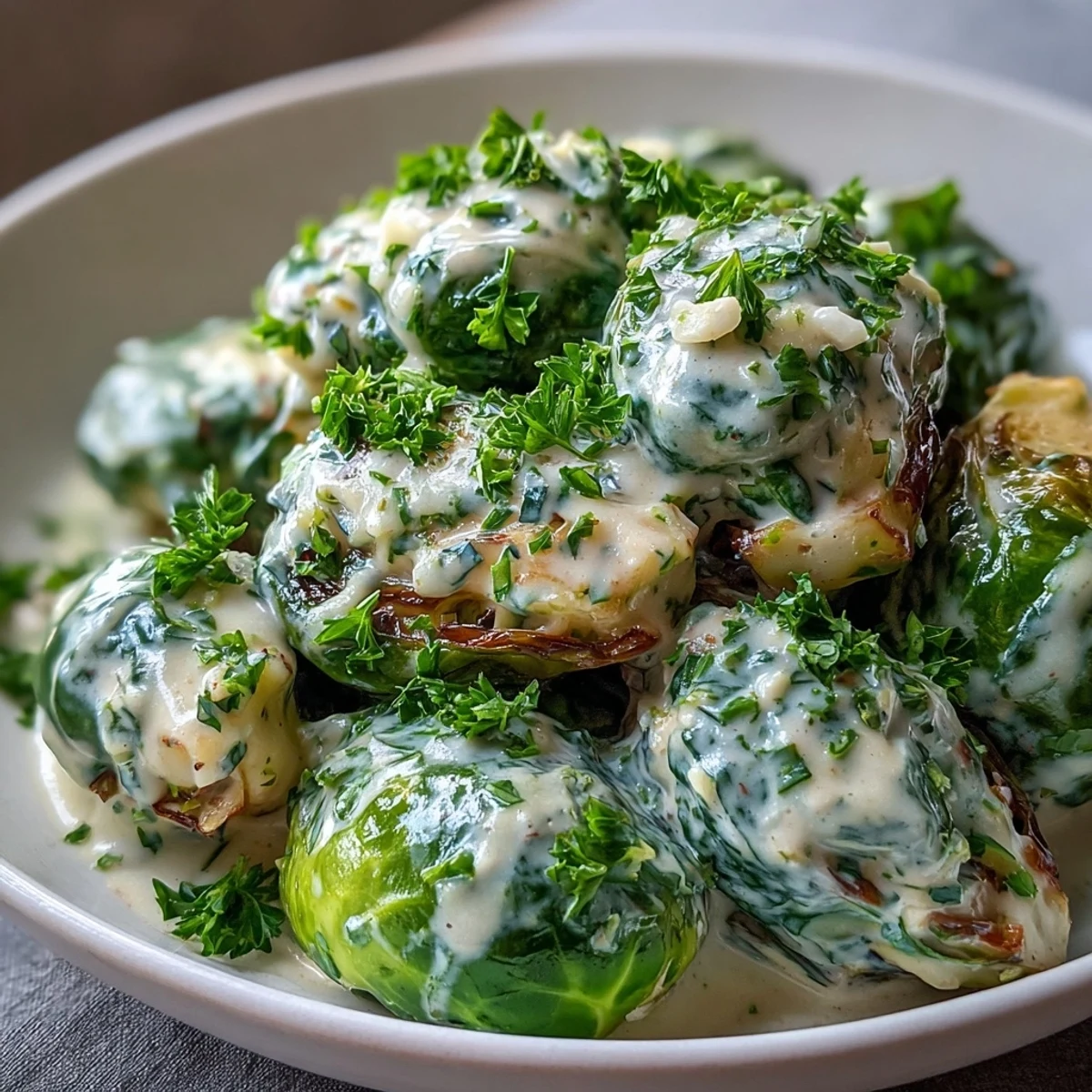 Platter of Brussels sprouts in a silky cream cheese-mustard sauce, perfect as a savory vegetarian dinner side or main.