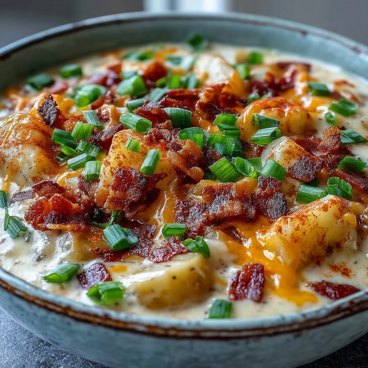 Steaming Loaded Potato Soup with creamy melted cheddar and crumbled bacon served alongside a fresh dinner roll.
